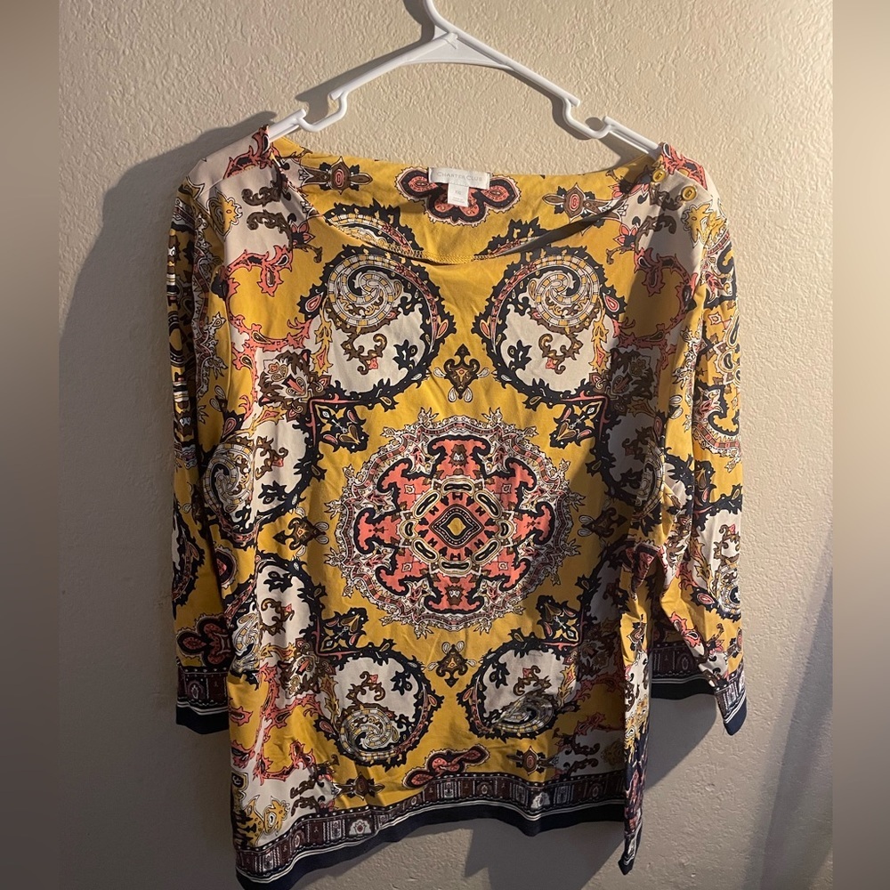 Charter Club Women’s Dress Top-Paisley Aztec Design Yellow and Navy Blue-XXL